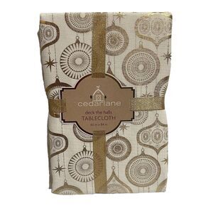 Christmas Fabric Tablecloth 60 x 84 White & Gold Metallic Holiday Decorations